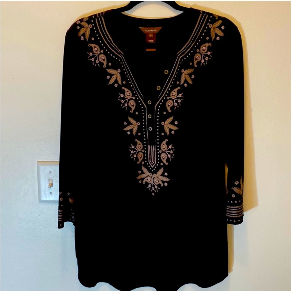 Multiples Black Tunic with Tan Embroidery